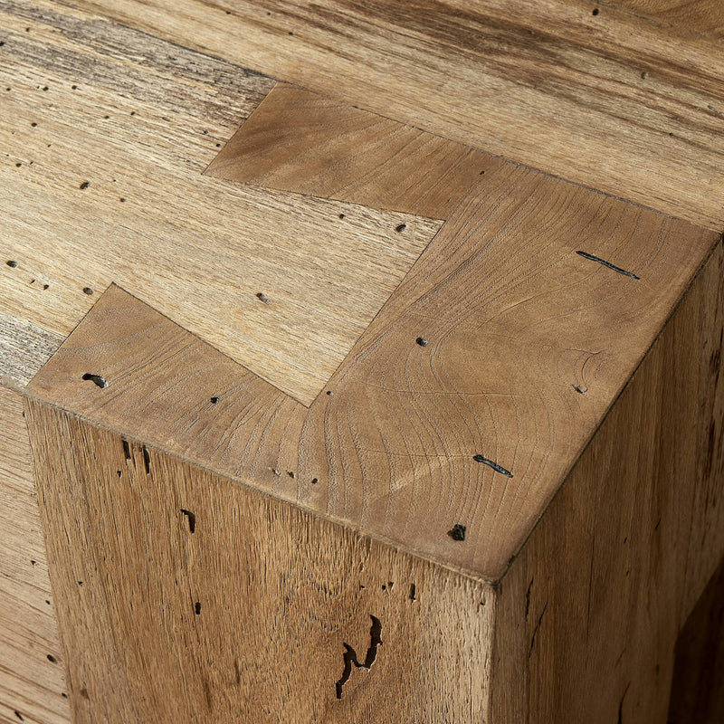 Abaso Accent Bench featuring rustic wormwood-style oak veneer with dovetail joints and distinctive distressed details, shown in close-up corner view