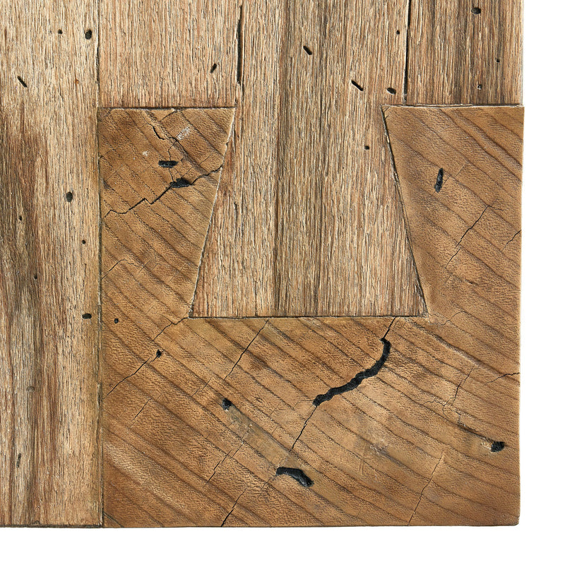Proper Goods Club: Abaso Accent Bench featuring rustic oak veneer with wormwood finish detail, showcasing dovetail joinery and distinctive geometric wood patterns