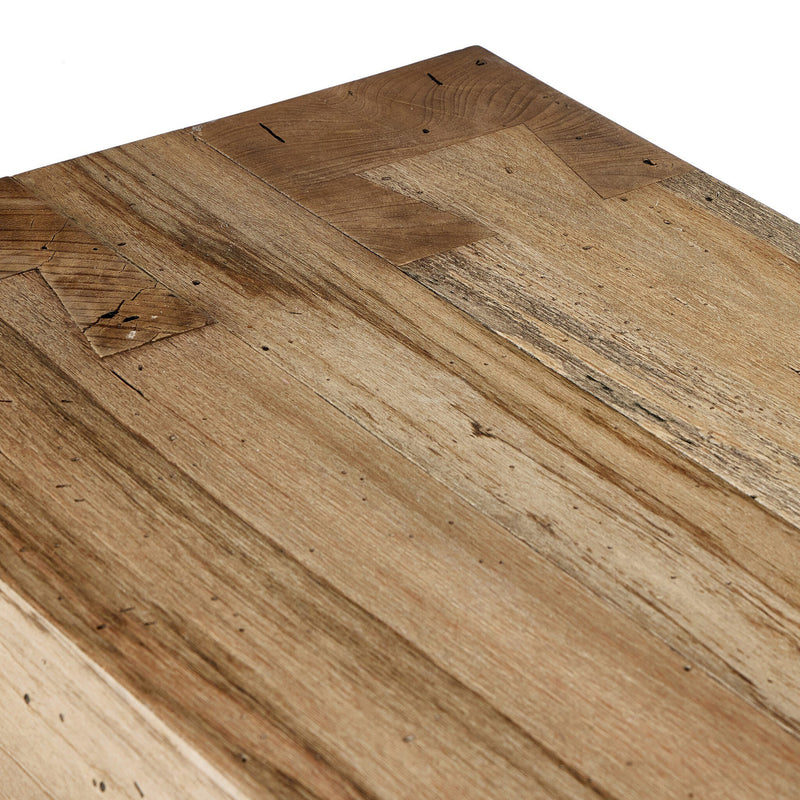 Abaso Accent Bench featuring rustic oak veneer surface with wormwood-style finish, detailed with dovetail joinery and clean Parsons design