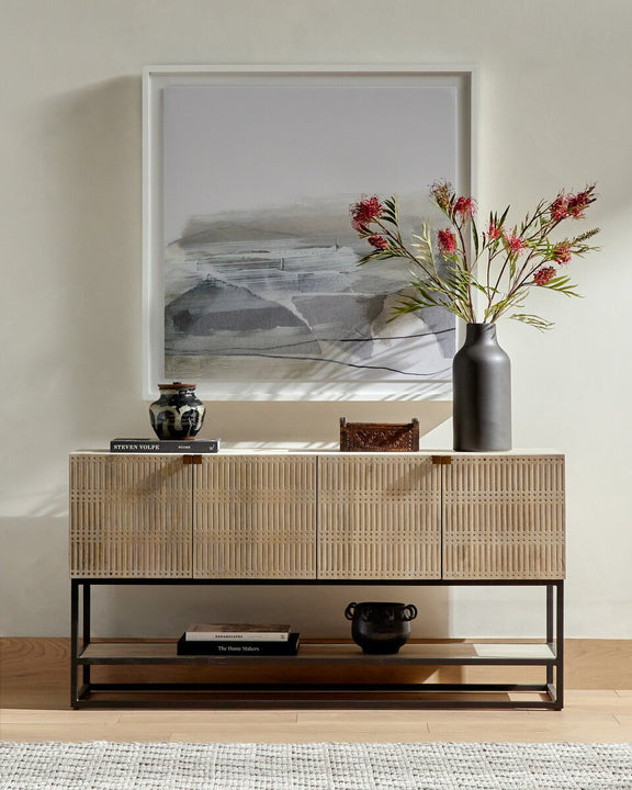 Kelby Small Media Console - Light Wash Carved