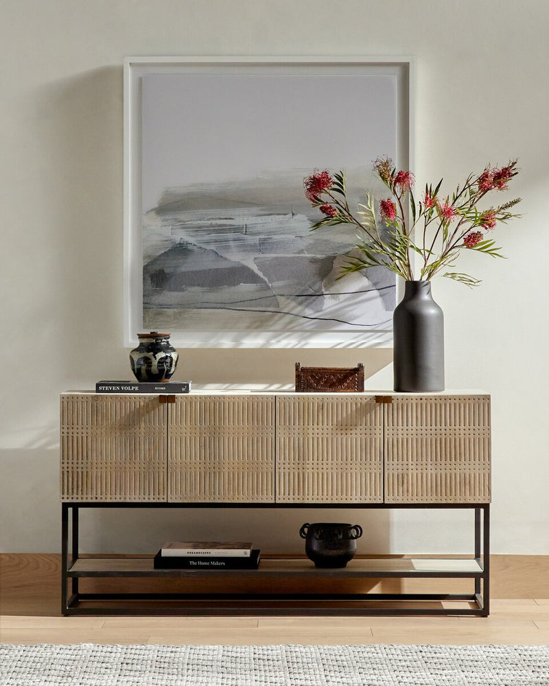 Kelby Small Media Console - Light Wash Carved