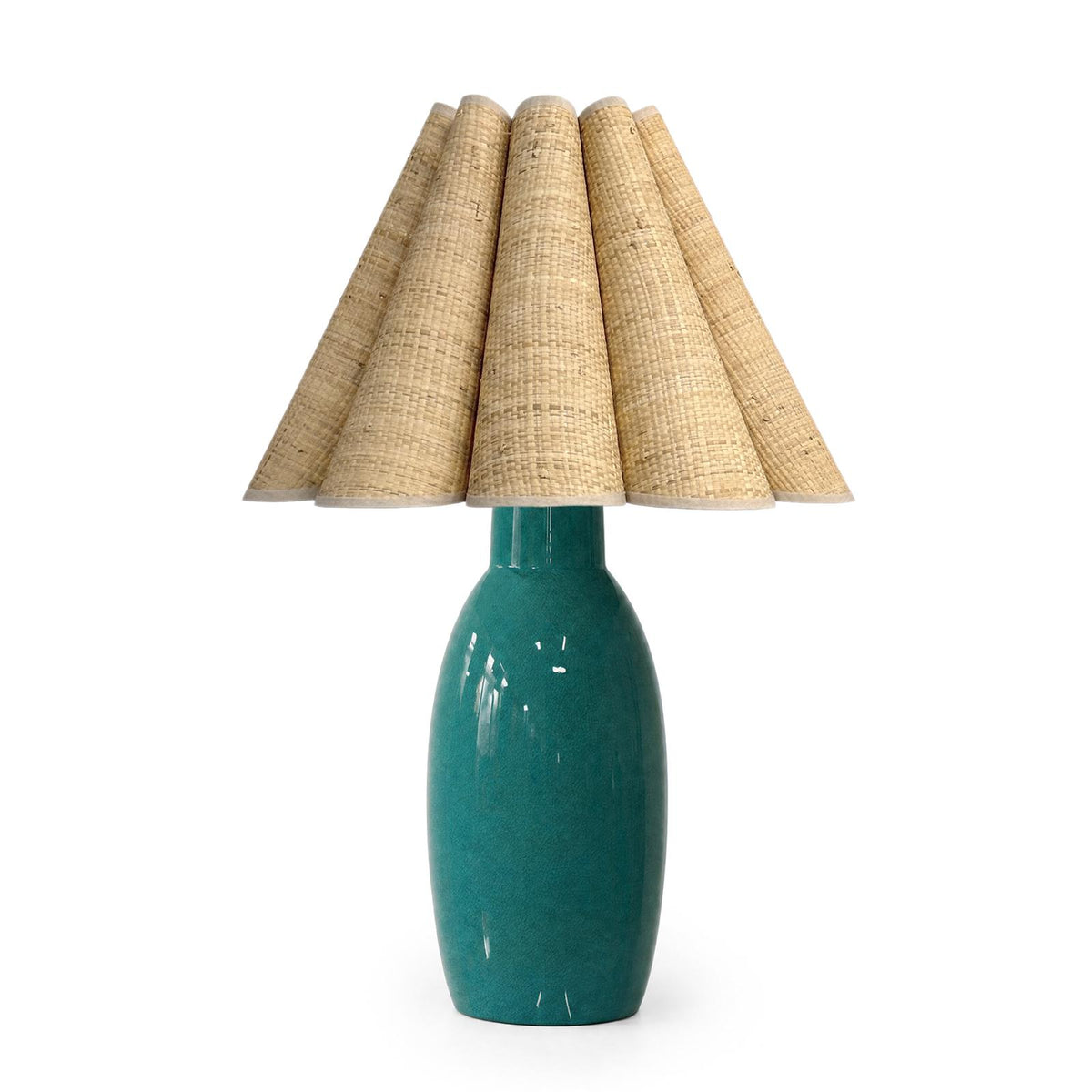 Havana Ceramic Table Lamp - Turquoise & Rattan Scalloped Shade