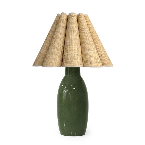 Havana Ceramic Table Lamp - Green & Rattan Scalloped Shade
