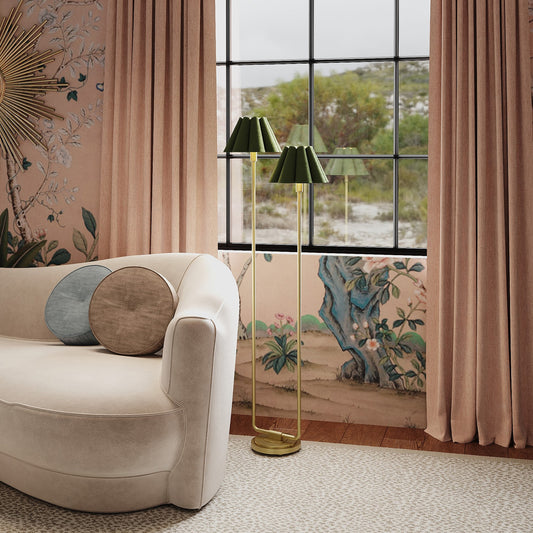 Polly Floor Lamp (Natural Brass) - Natural Brass & Olive Green Scalloped Shade