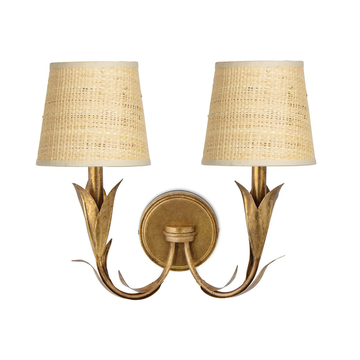 River Reed Sconce Double - Antique Gold Leaf & Rattan Shade