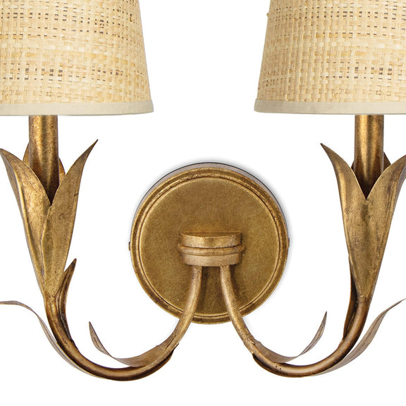 River Reed Sconce Double - Antique Gold Leaf & Rattan Shade