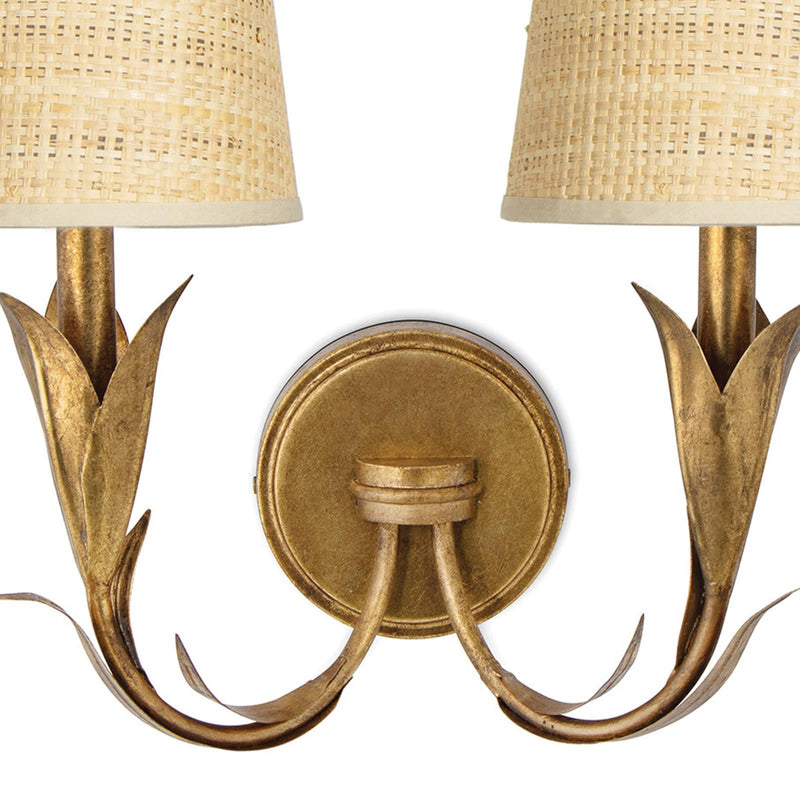 River Reed Sconce Double - Antique Gold Leaf & Rattan Shade