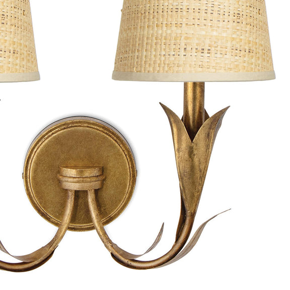 River Reed Sconce Double - Antique Gold Leaf & Rattan Shade