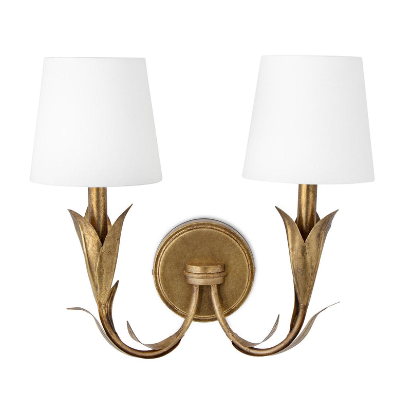 River Reed Sconce Double - Antique Gold Leaf & Natural Linen Shade