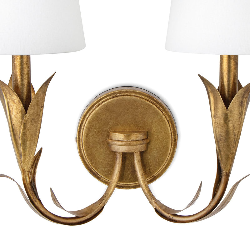 River Reed Sconce Double - Antique Gold Leaf & Natural Linen Shade