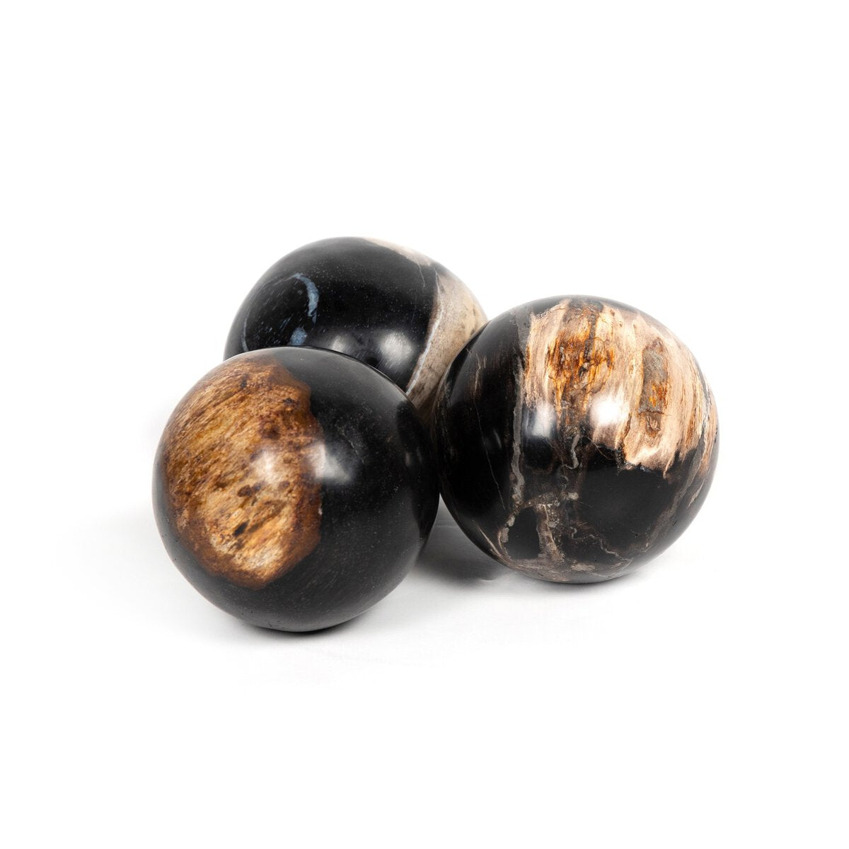 Petrified Wood Balls, Set Of 3 - Dark Petrified Wood