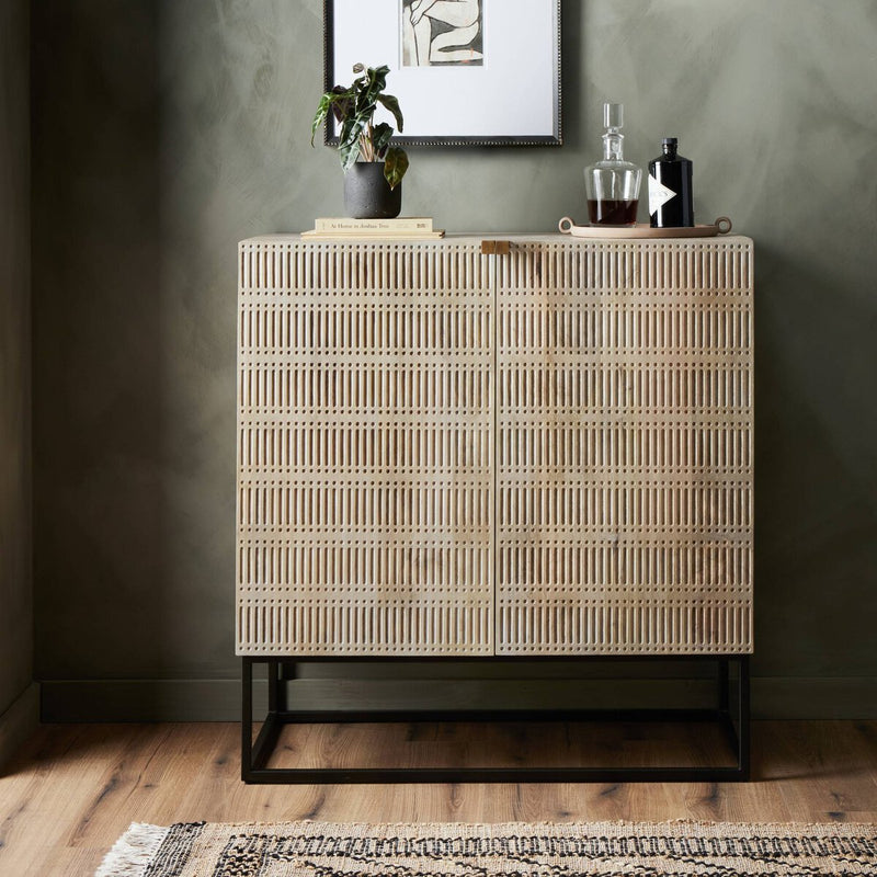 Kelby Bar Cabinet - Light Wash Carved Mango