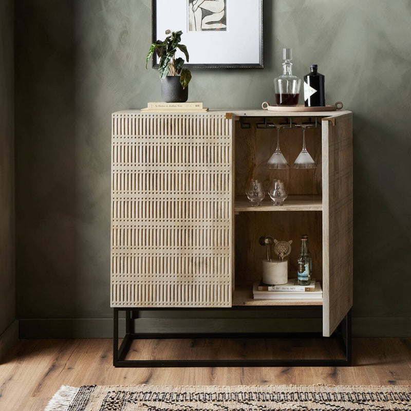 Kelby Bar Cabinet - Light Wash Carved Mango