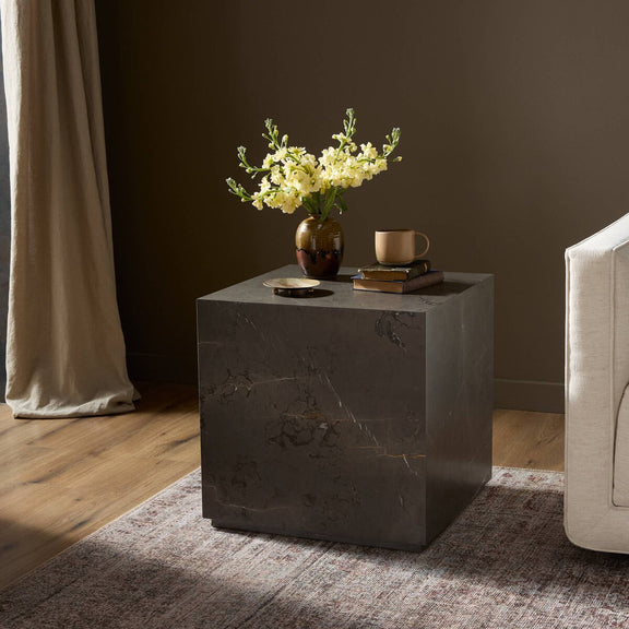 Modern Marble Plinth End Table - Grey Italian Marble