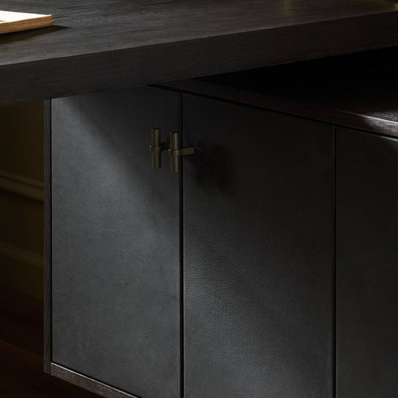 Posada L-Shaped Desk - Worn Black Oak Veneer