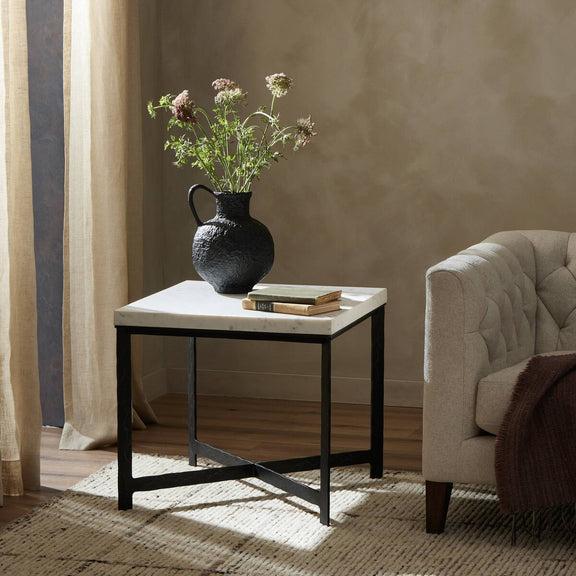 Hammered Iron End Table - White Marble