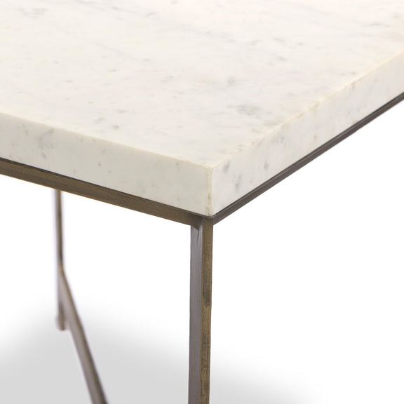 Hammered Iron End Table - White Marble & Antique Brass