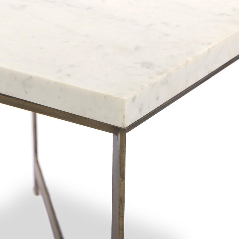 Hammered Iron End Table - White Marble & Antique Brass