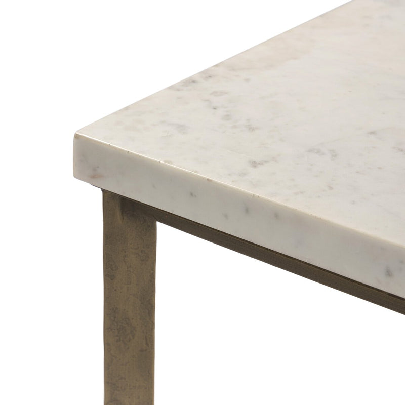 Hammered Iron End Table - White Marble & Antique Brass