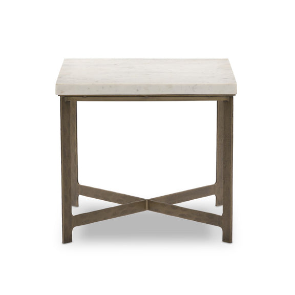 Hammered Iron End Table - White Marble & Antique Brass