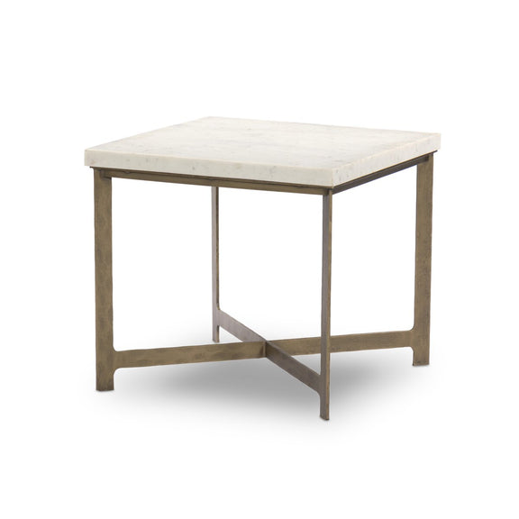 Hammered Iron End Table - White Marble & Antique Brass
