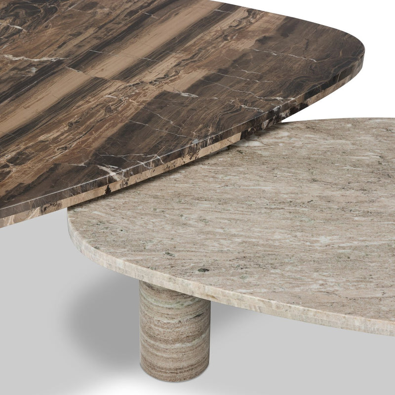 Zion Nesting Coffee Tables - Small Antique White Marble + Large Rocky Brown Marble