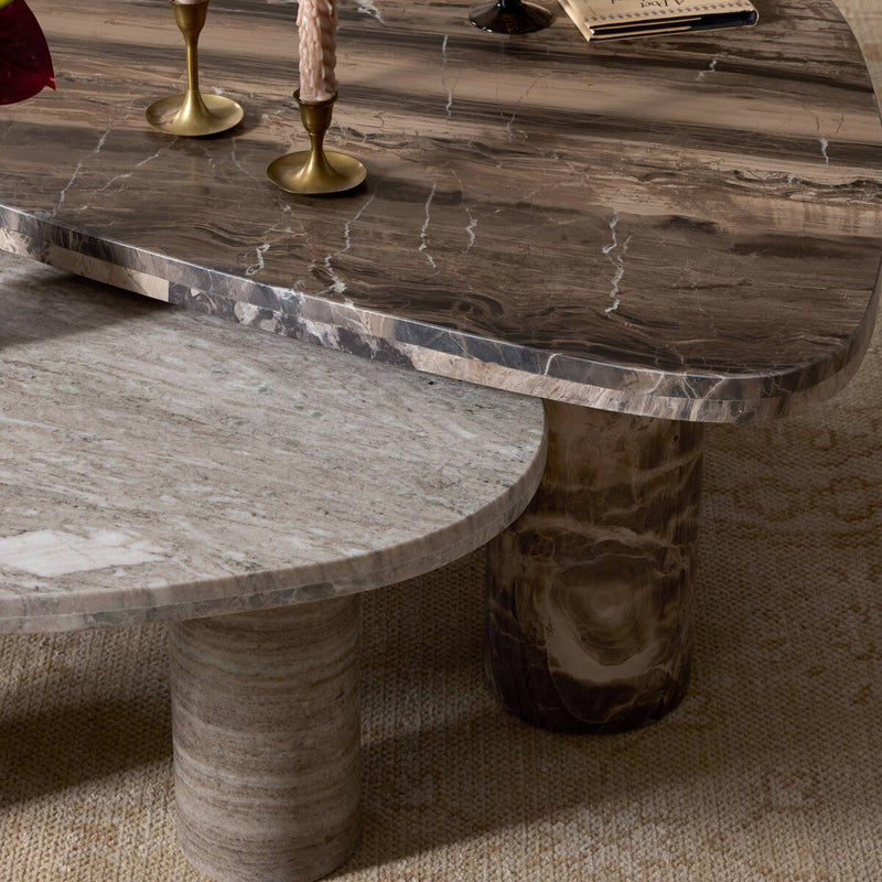 Zion Nesting Coffee Tables - Small Antique White Marble + Large Rocky Brown Marble