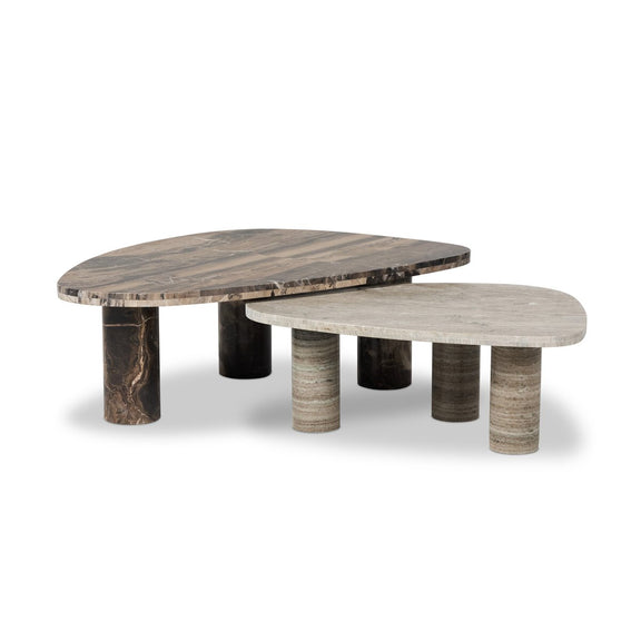 Zion Nesting Coffee Tables - Small Antique White Marble + Large Rocky Brown Marble