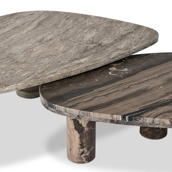 Zion Nesting Coffee Tables - Large Antique White Marble + Small Rocky Brown Marble