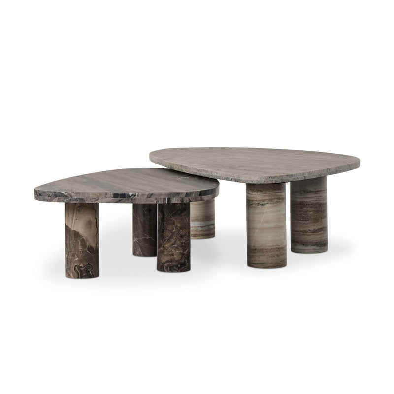 Zion Nesting Coffee Tables - Large Antique White Marble + Small Rocky Brown Marble