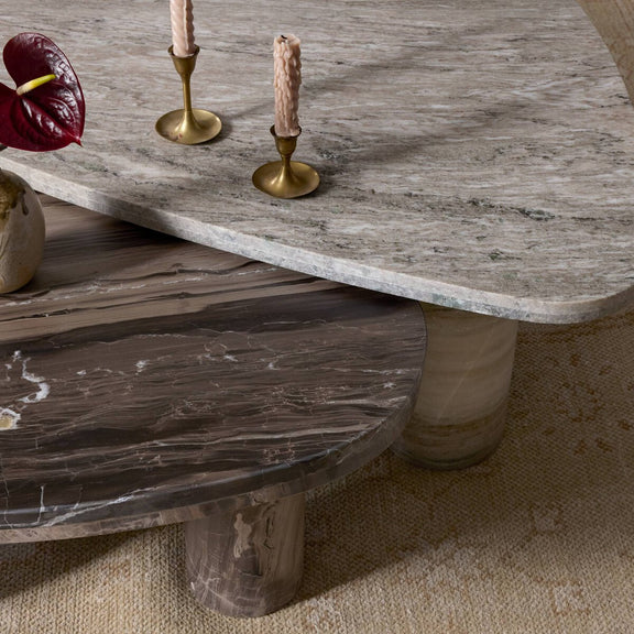 Zion Nesting Coffee Tables - Large Antique White Marble + Small Rocky Brown Marble
