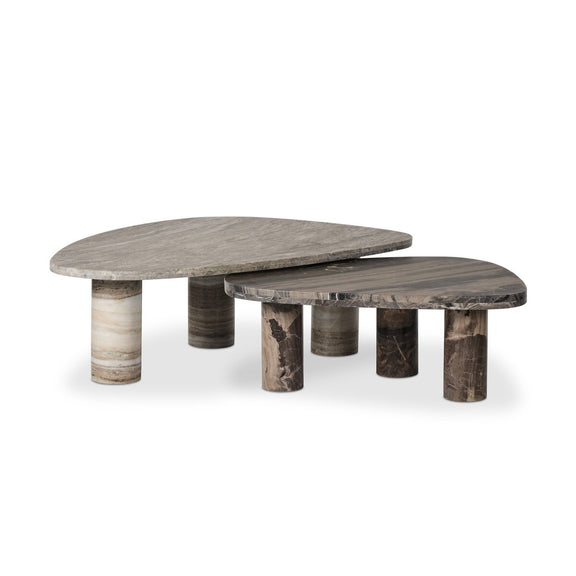 Zion Nesting Coffee Tables - Large Antique White Marble + Small Rocky Brown Marble