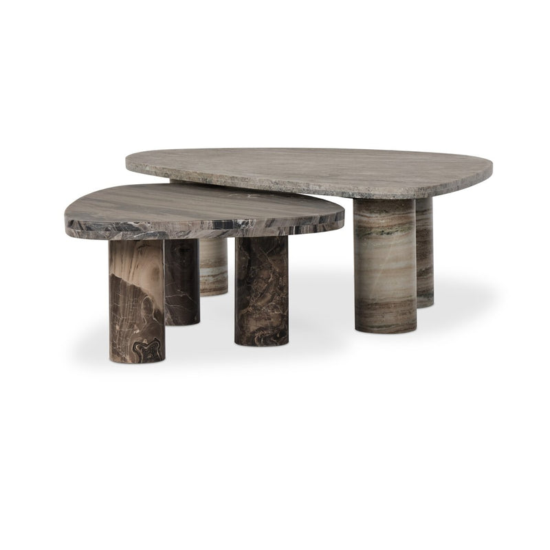 Zion Nesting Coffee Tables - Large Antique White Marble + Small Rocky Brown Marble
