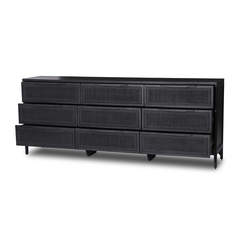 Sydney 9 Drawer Dresser - Black Wash & Black Cane