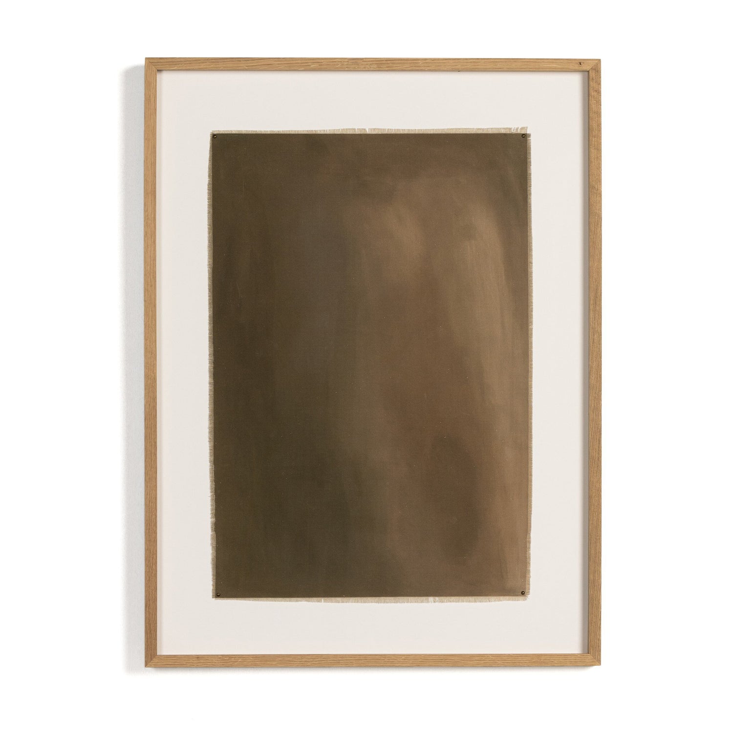 Abstract earth-toned painting in brown hues, framed in light wood with white matting. Subtle variations in color create a soft, organic texture reminiscent of natural landscapes or earthy elements.