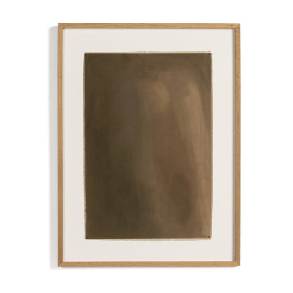 Abstract earth-toned painting in brown hues, framed in light wood with white matting. Subtle variations in color create a soft, organic texture reminiscent of natural landscapes or earthy elements.