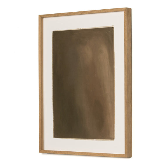 Abstract earth-toned oil painting in wooden frame with white mat, showcasing subtle movement and color variations in shades of brown, reflecting Melody Joy McMunn's earth-inspired style and mixed media approach.