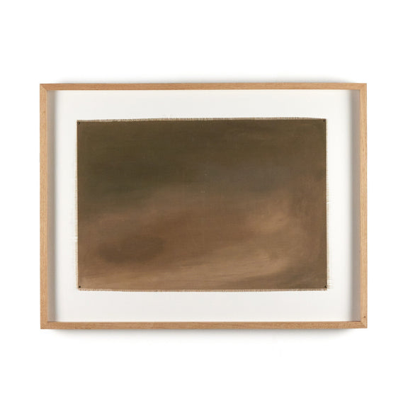 Abstract oil painting in earthy tones, framed in light wood. Subtle gradient from dark olive to warm brown, suggesting movement and depth. Minimalist artwork showcasing Melody Joy McMunn's earth-inspired style and mixed media techniques.