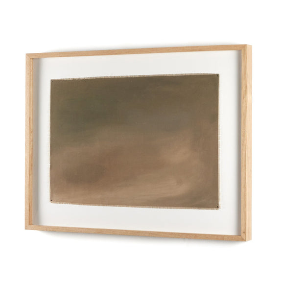 Abstract earth-toned oil painting in wooden frame, showcasing subtle movement and color gradients, reflecting Melody Joy McMunn's earth-inspired style and mixed media approach