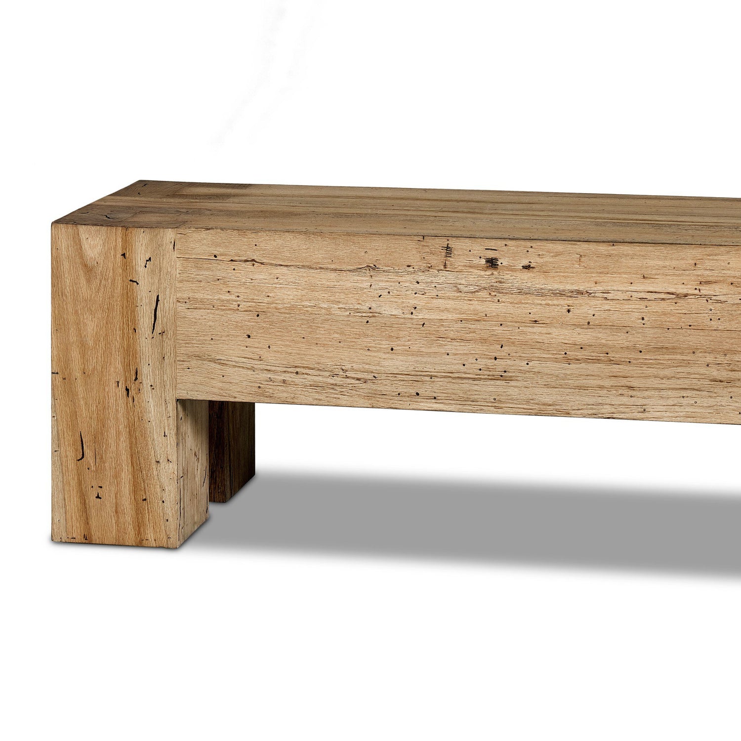 Rustic oak veneer accent bench with chunky squared legs, dovetail joinery, and wormwood-like finish, showcasing Parsons-style clean lines and a thick-cut design for a sturdy, natural appearance