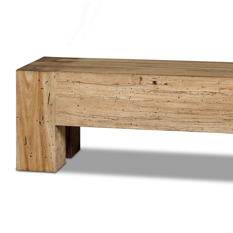 Rustic oak veneer accent bench with chunky squared legs, dovetail joinery, and wormwood-like finish, showcasing Parsons-style clean lines and a thick-cut design for a sturdy, natural appearance