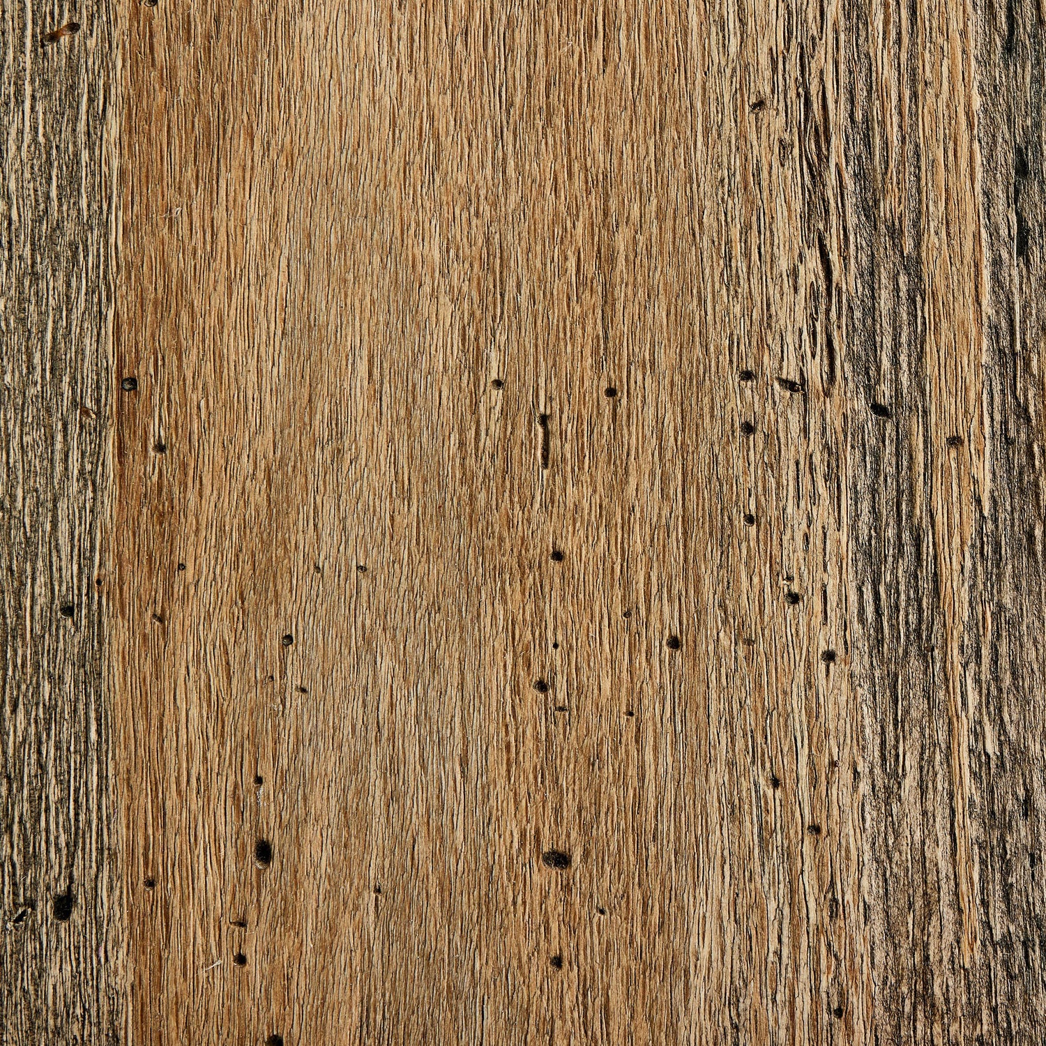 Close-up of rustic oak veneer with wormwood-like finish, showcasing textured grain and small holes, used in Abaso Accent Bench construction