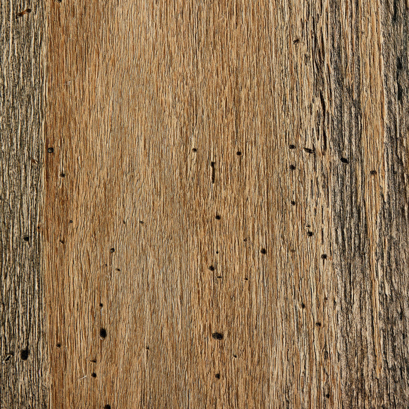 Close-up of rustic oak veneer with wormwood-like finish, showcasing textured grain and small holes, used in Abaso Accent Bench construction