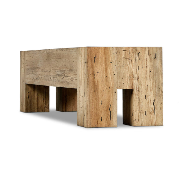 Rustic oak veneer accent bench with chunky squared legs, featuring clean Parsons lines and wormwood-like finish. Sturdy wooden construction showcases dovetail joinery detailing, perfect for adding a natural, contemporary touch to any room.