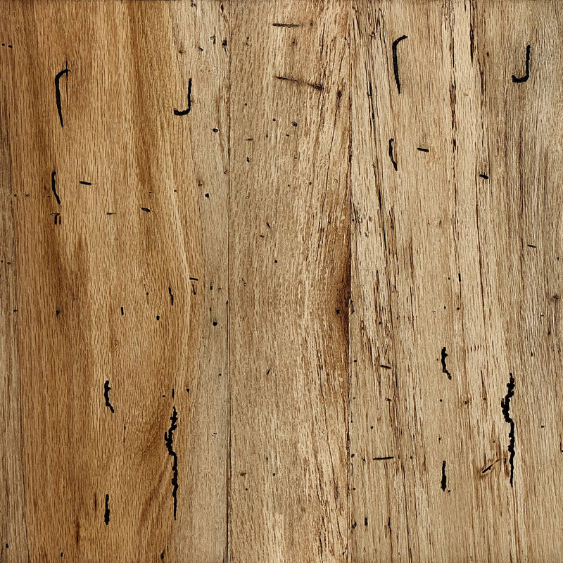 Close-up of rustic oak veneer with wormwood-like finish, showcasing natural grain patterns and dark imperfections, used in the Abaso Accent Bench construction. Textured surface highlights the authentic, weathered appearance of the wood.