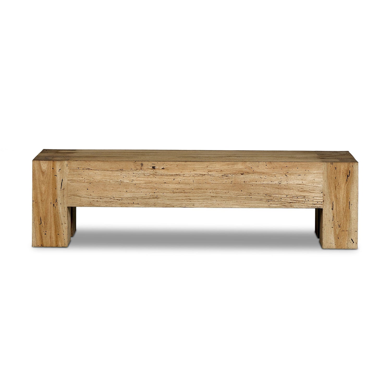 Rustic oak veneer accent bench with clean Parsons lines, chunky squared legs, and dovetail joinery detailing. Features a weathered, wormwood-like finish for a natural, aged appearance. Sturdy and stylish seating option for entryways or living spaces.