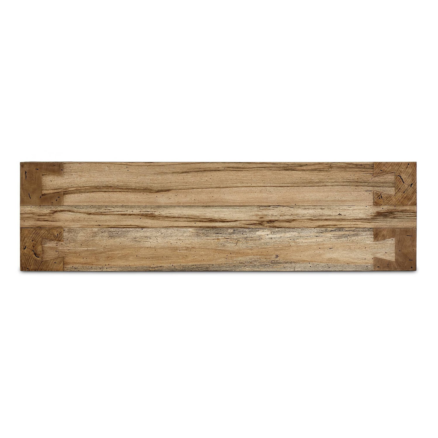 Rustic oak veneer accent bench with wormwood-inspired finish, featuring clean Parsons lines, chunky squared legs, and distinctive dovetail joinery detailing. Natural wood grain pattern visible on the elongated rectangular seat surface.