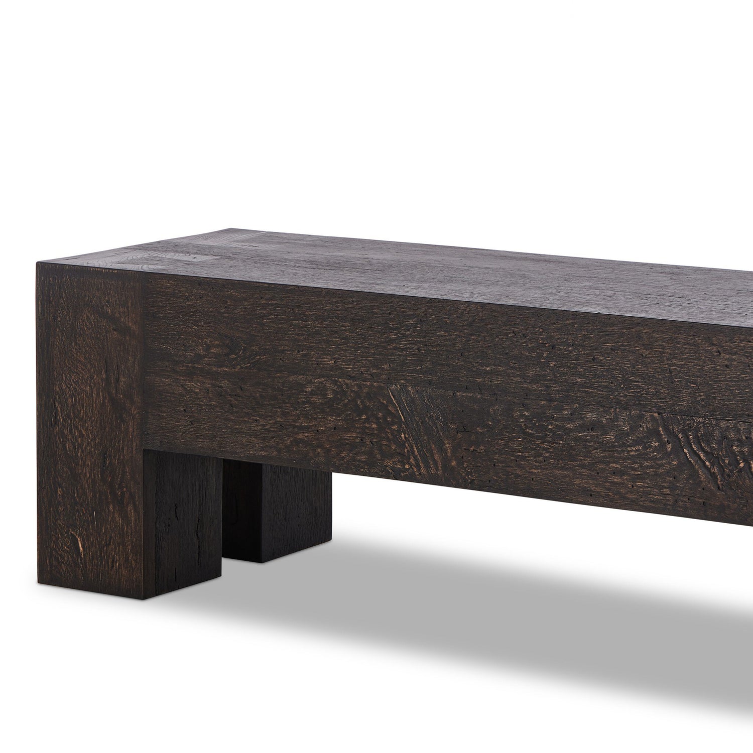 Rustic oak veneer accent bench with chunky squared legs, featuring clean Parsons lines and dovetail joinery. Dark brown finish emulates wormwood texture, offering a sturdy and stylish seating option for entryways or living spaces.