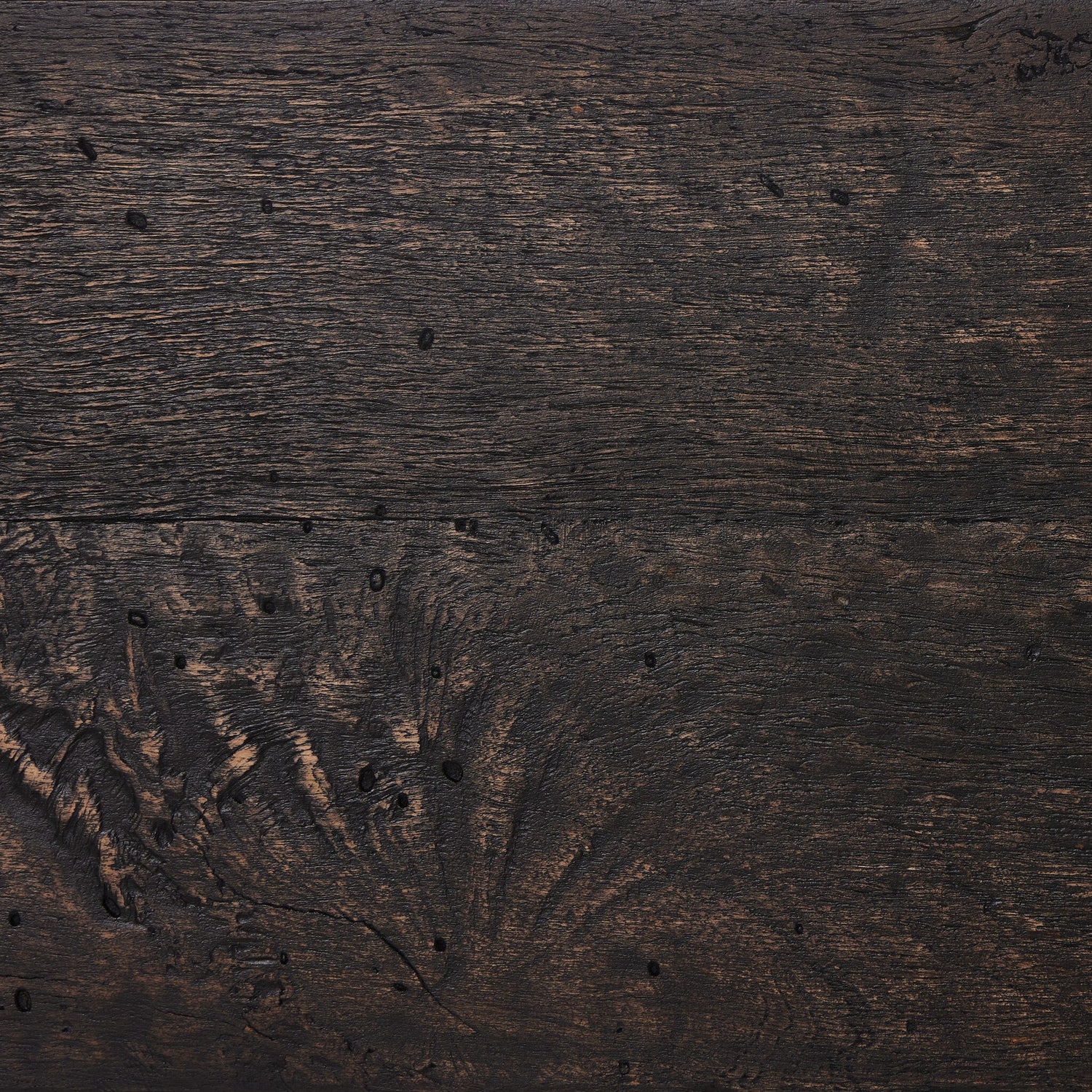 Close-up of rustic oak wood texture with dark brown grain patterns, knots, and rough surface, emulating wormwood finish for Abaso Accent Bench, showcasing natural imperfections and aged appearance