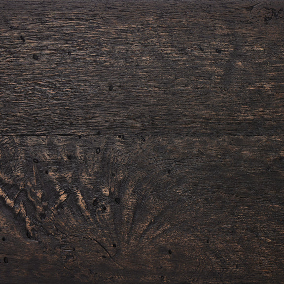 Close-up of rustic oak wood texture with dark brown grain patterns, knots, and rough surface, emulating wormwood finish for Abaso Accent Bench, showcasing natural imperfections and aged appearance